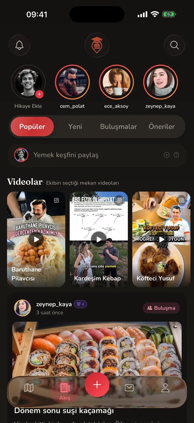 Akış ekranı: hikaye halkaları, Popüler / Yeni / Buluşmalar sekmeleri, Videolar rafı ve bir buluşma gönderisi.