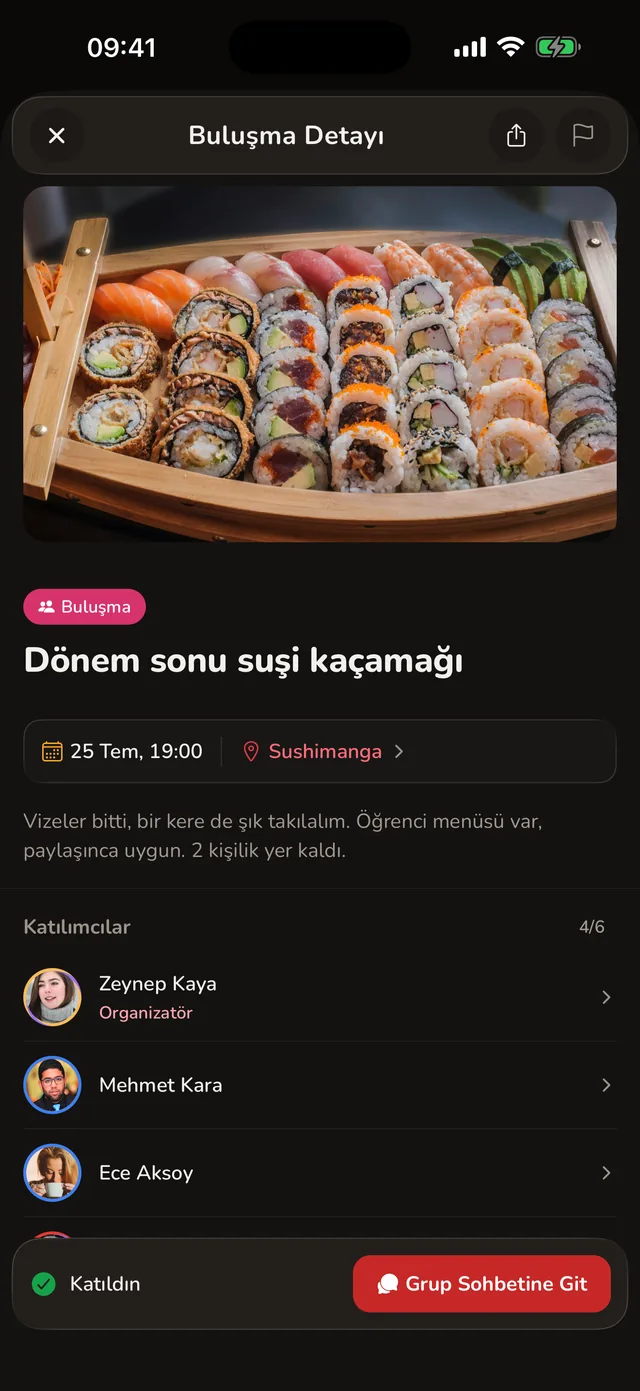 Buluşma detay ekranı: kapak fotoğrafı, tarih ve mekan satırı, katılımcı listesi ve grup sohbeti butonu.