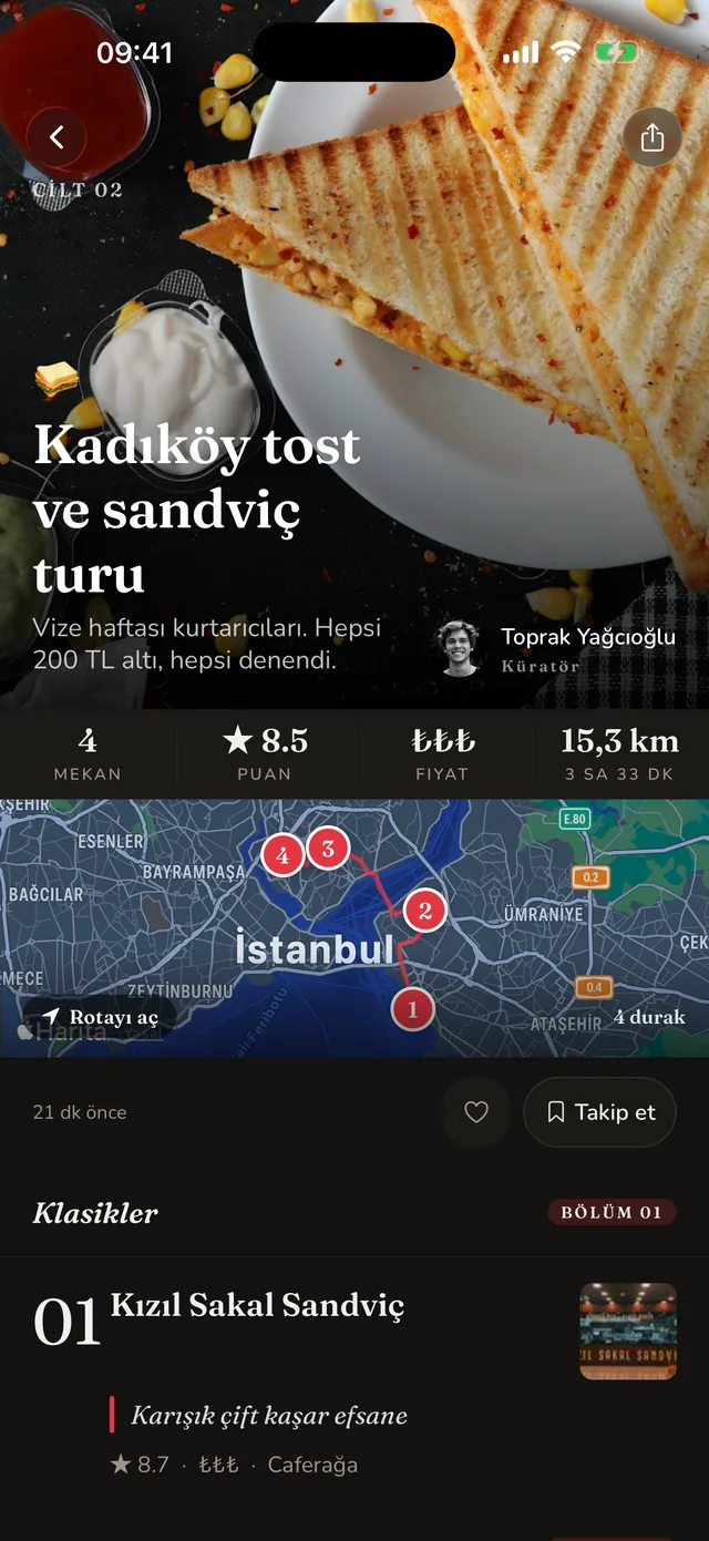 Liste detay ekranı: kapak fotoğrafı, küratör bilgisi, mekan sayısı ve puan şeridi, rota haritası ve numaralı mekan satırları.